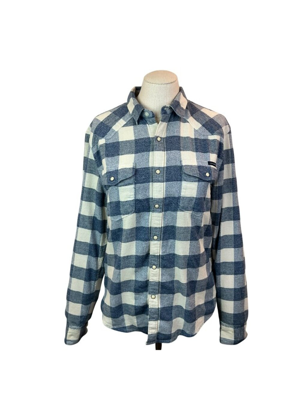 Lucky Brand Saturday Stretch Plaid Snap-Front Flannel Shirt Womens Small Blue Wh